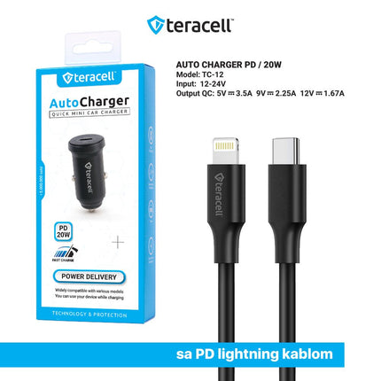 Auto punjac Teracell Evolution TC-12 PD 20W crni sa PD Lightning kablom crni
