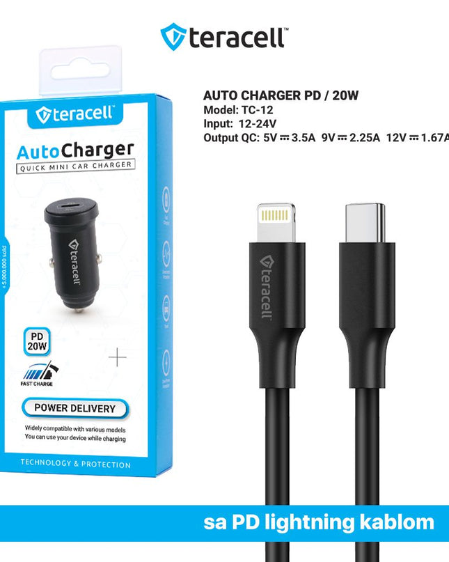 Auto punjac Teracell Evolution TC-12 PD 20W crni sa PD Lightning kablom crni