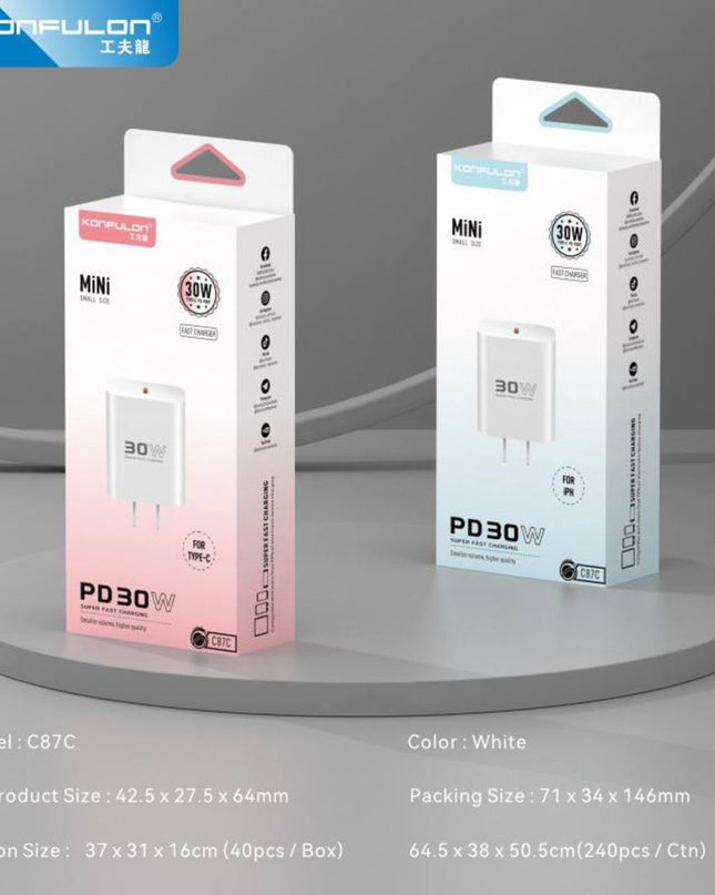 Kucni punjac KONFULON C87c + DL50, 30W, sa PD kablom Type C na iPhone lightning beli