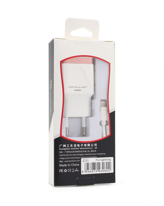 Kucni punjac KONFULON C31+S05 2xUSB 5V 2.1A sa iPhone lightning kablom beli