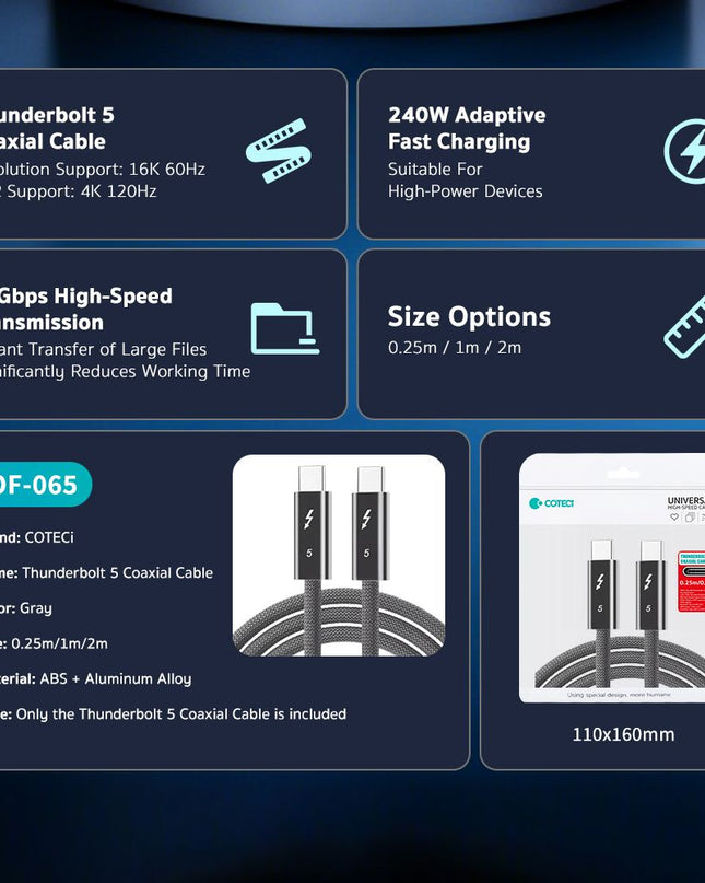 Data kabl Coteci Thunderbolt OF-065 80Gbps 240W 4k PD Type C na Type C crni 1m