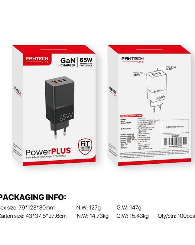 Kucni punjac Fantech CWG301 2xPD + QC 65W crni