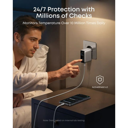 ANKER 100W GaN zidni brzi punjač, 3-porta (2x USB-C i 1x USB-A) sa USB-C M/M pletenim kablom, srebrna