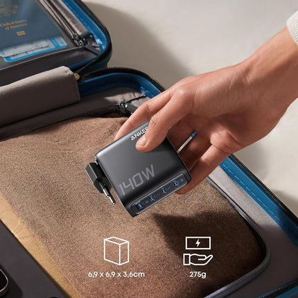 ANKER 140W GaN zidni brzi punjač, 4-porta (3x USB-C, 1x USB-A) sa USB-C M/M pletenim kablom, siva
