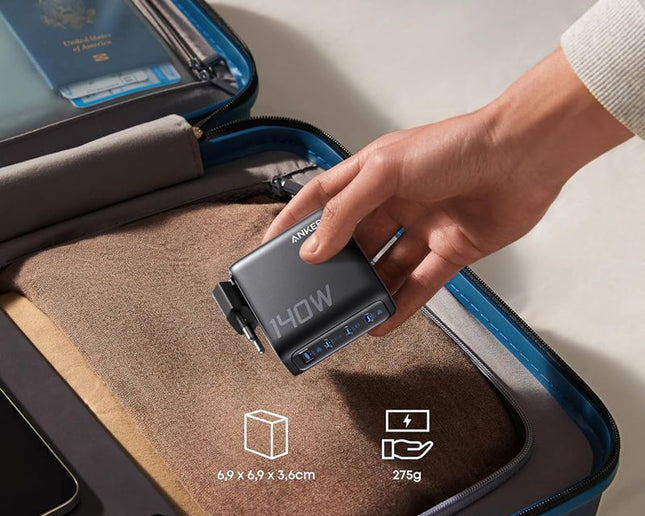 ANKER 140W GaN zidni brzi punjač, 4-porta (3x USB-C, 1x USB-A) sa USB-C M/M pletenim kablom, siva