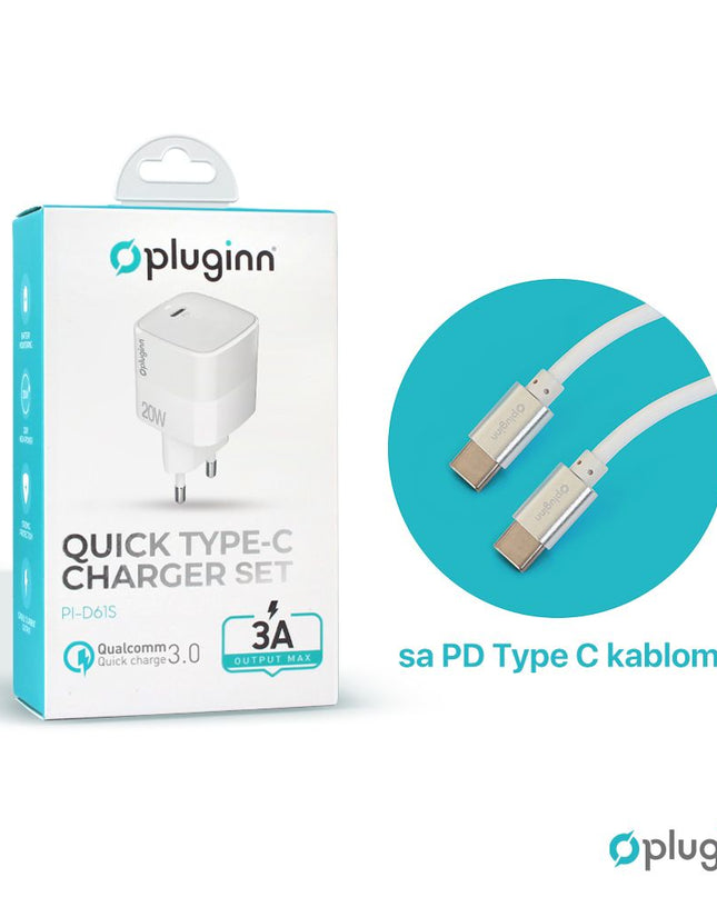 Kucni punjac Pluginn PI-D61S, PD3.0, PPS, 20W sa PD Type C kablom beli CE