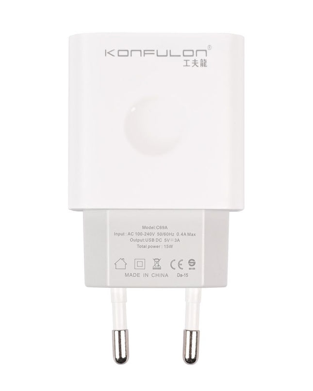 Kucni punjac KONFULON C69A+DC05 QC 15W, USB na iPhone lightning beli 1m