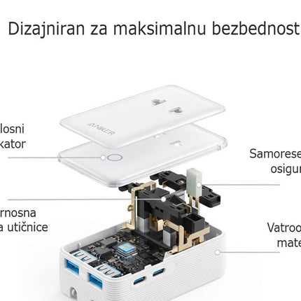 ANKER Nano 20W putni zidni punjač 5-portova (2x USB-A, 2x USB-C, utičnica EU na US, UK, AU i EU), bela