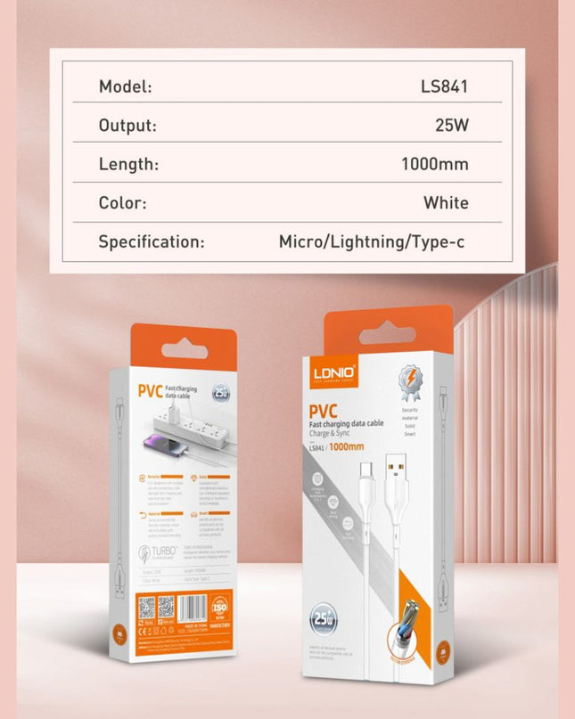 Data kabl LDNIO LS841 25W Fast Type C beli 1m