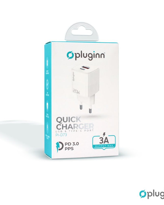 Kucni punjac Pluginn PI-D73, QC3.0 PD3.0, PPS, USB-PD 18W+20W, 38W (total) beli CE