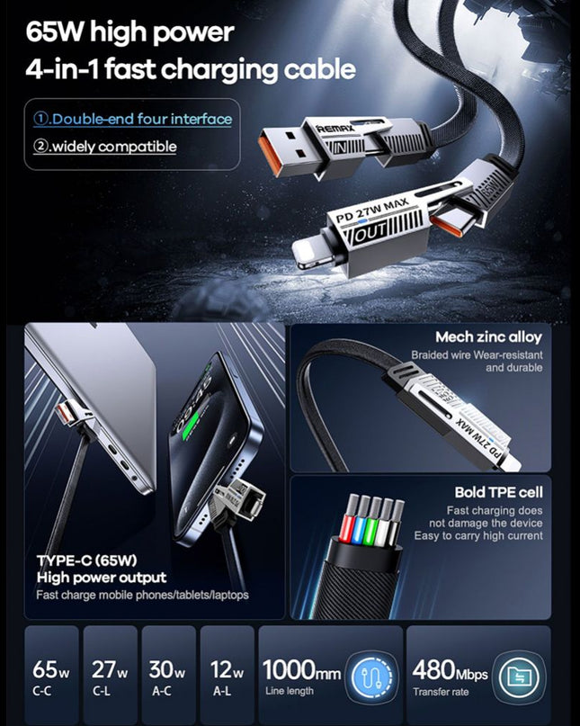 Data kabl REMAX RC-C189 65W 4-in-1 Fast Charging crni 1m