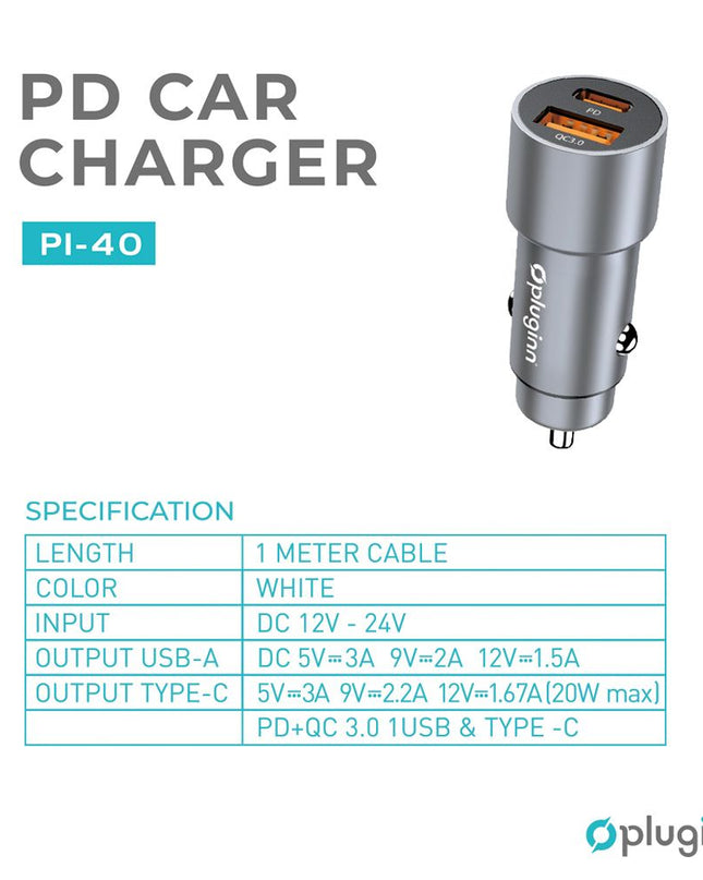 Auto punjac Pluginn PI-40, PD 20W, QC 3.0 18W, sa lightning kablom sivi