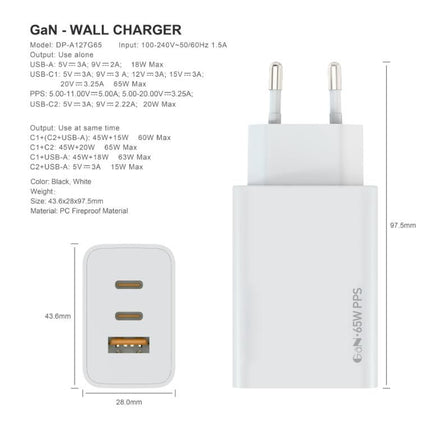 Zidni punjac FULMOVA GAN PD/65W/ sa USB-C kablom bela
