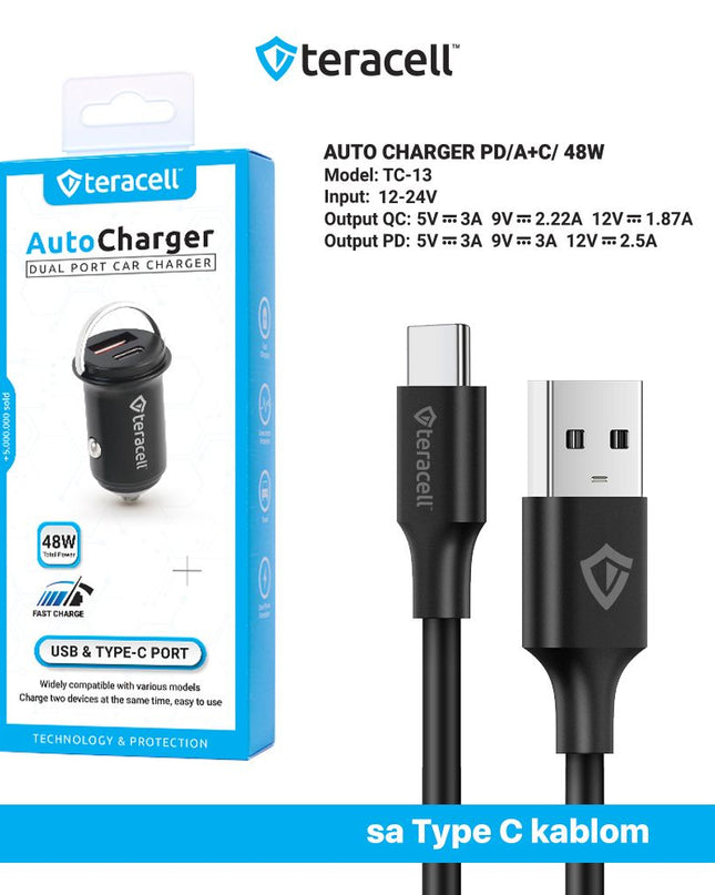 Auto punjac Teracell Evolution TC-13 PD 30W + USB QC3.0 18W, 48W (total) sa Type C kablom crni