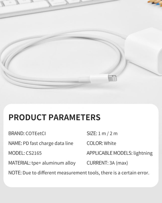 Data kabl Coteci CS2165 3A PD na iPhone lightning beli 1m