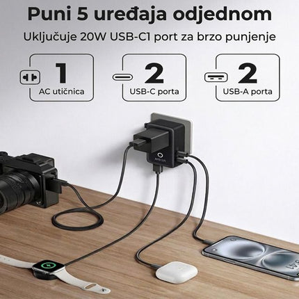 ANKER Nano 20W putni zidni punjač 5-portova (2x USB-A, 2x USB-C, utičnica EU na US, UK, AU i EU), crna