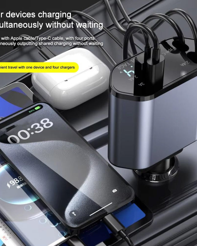 Auto punjac C1 4u1 PD 3A, USB 2.4A 120W (total) sa Type C/lightning kablom tamno sivi