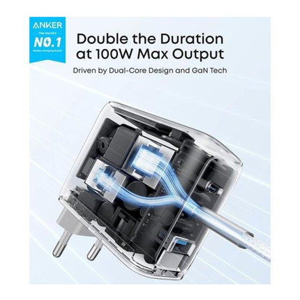 ANKER 100W GaN zidni brzi punjač, 3-porta (2x USB-C i 1x USB-A) sa USB-C M/M pletenim kablom, siva