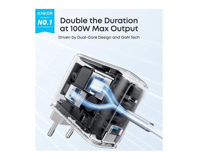 ANKER 100W GaN zidni brzi punjač, 3-porta (2x USB-C i 1x USB-A) sa USB-C M/M pletenim kablom, siva