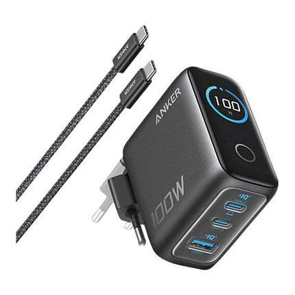 ANKER 100W GaN zidni brzi punjač, 3-porta (2x USB-C i 1x USB-A) sa USB-C M/M pletenim kablom, siva