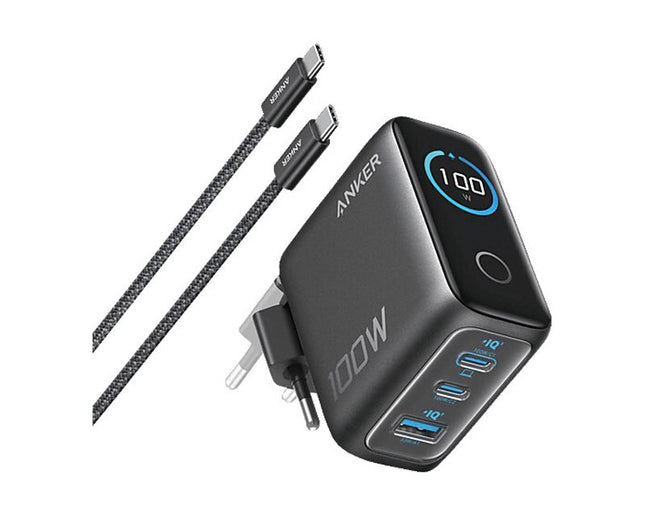 ANKER 100W GaN zidni brzi punjač, 3-porta (2x USB-C i 1x USB-A) sa USB-C M/M pletenim kablom, siva