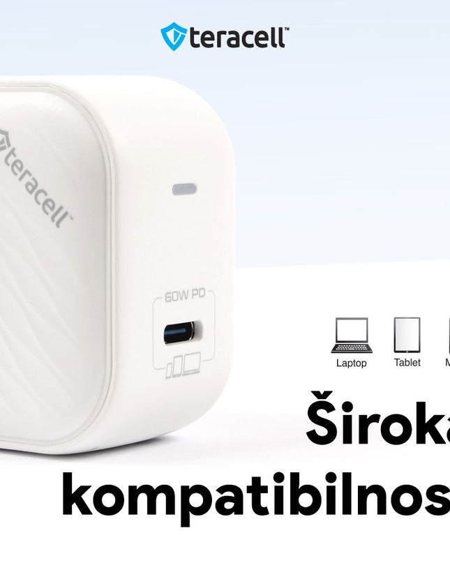 Kucni punjac Teracell Evolution TC-17GP, GaN, PPS, PD 3.0, 60W sa PD Type c kablom beli CE