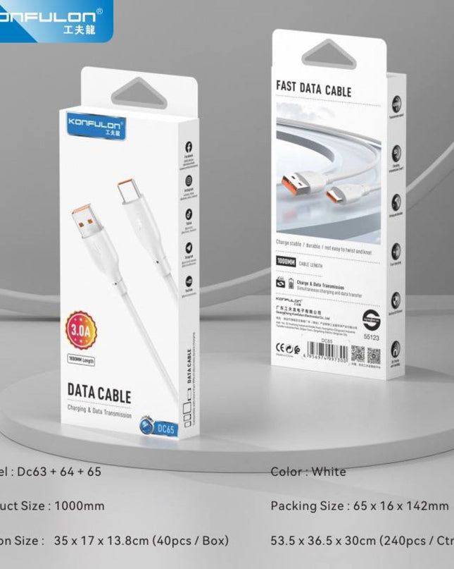 Data kabl KONFULON DC65, 3A, USB na Type C beli 1m