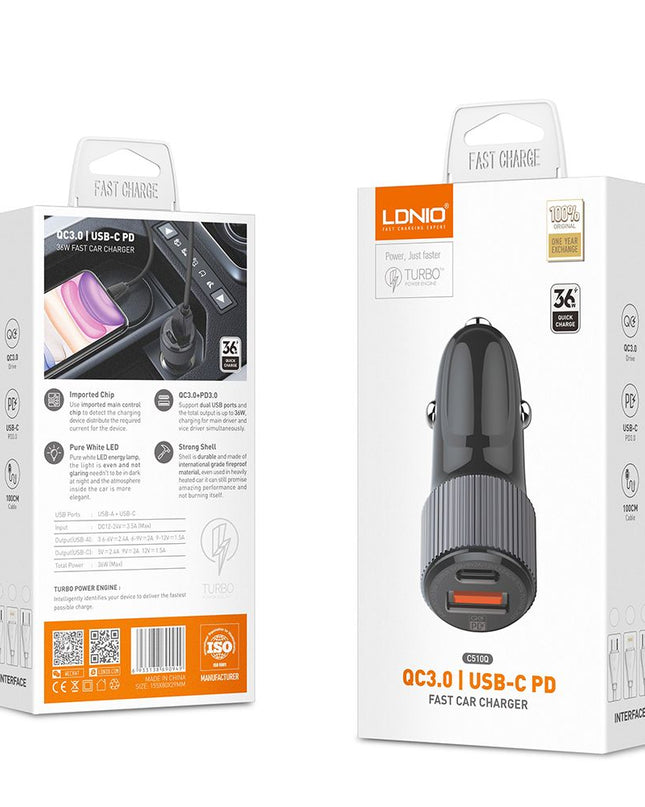 Auto punjac LDNIO C510Q PD/QC3.0 38W sa Type C na iPhone lightning kablom