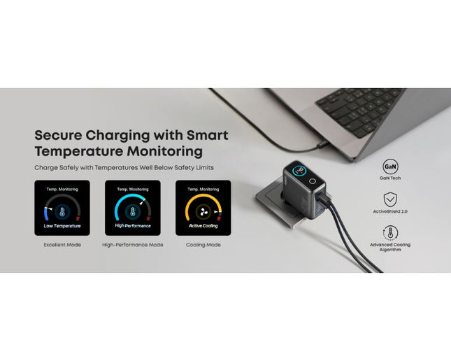 ANKER 140W GaN zidni brzi punjač, 4-porta (3x USB-C, 1x USB-A) sa USB-C M/M pletenim kablom, siva