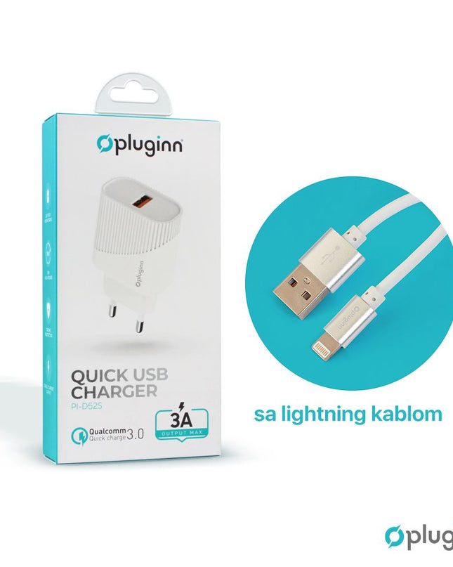 Kucni punjac Pluginn PI-D52S, QC3.0 18W sa lightning kablom beli CE
