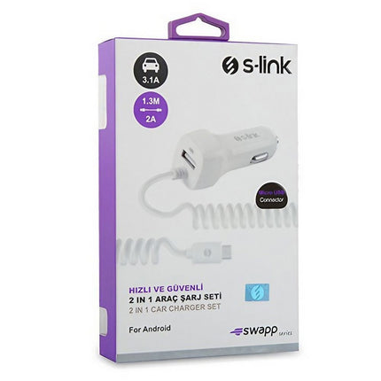 AUTO PUNJAČ ZA MOB USB+MICRO 1.3M SPIRAL SW-C535 S-LINK, 18943 bela