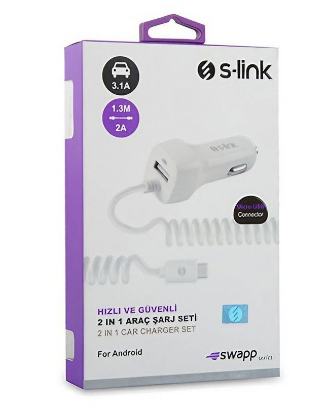 AUTO PUNJAČ ZA MOB USB+MICRO 1.3M SPIRAL SW-C535 S-LINK, 18943 bela