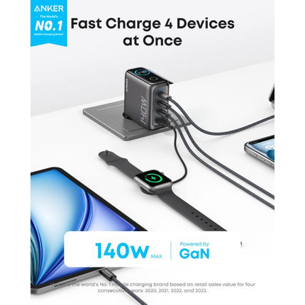 ANKER 140W GaN zidni brzi punjač, 4-porta (3x USB-C, 1x USB-A) sa USB-C M/M pletenim kablom, siva