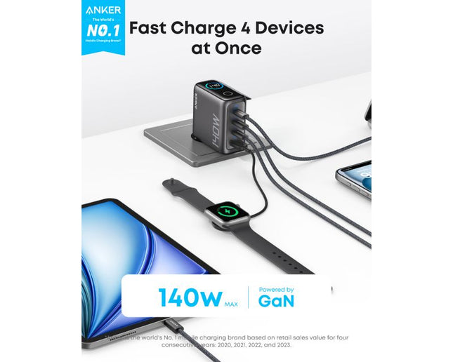 ANKER 140W GaN zidni brzi punjač, 4-porta (3x USB-C, 1x USB-A) sa USB-C M/M pletenim kablom, siva