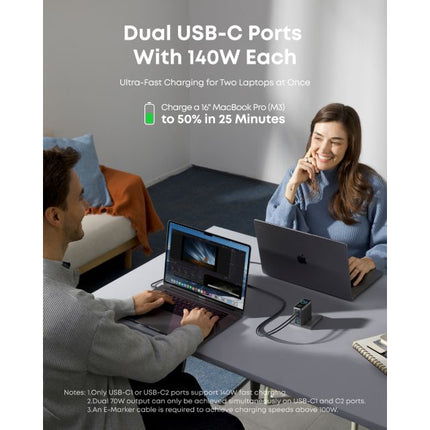 ANKER 140W GaN zidni brzi punjač, 4-porta (3x USB-C, 1x USB-A) sa USB-C M/M pletenim kablom, siva