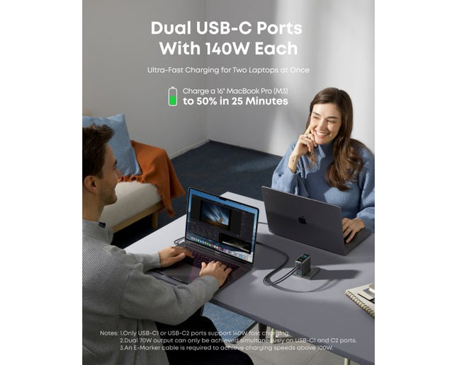 ANKER 140W GaN zidni brzi punjač, 4-porta (3x USB-C, 1x USB-A) sa USB-C M/M pletenim kablom, siva