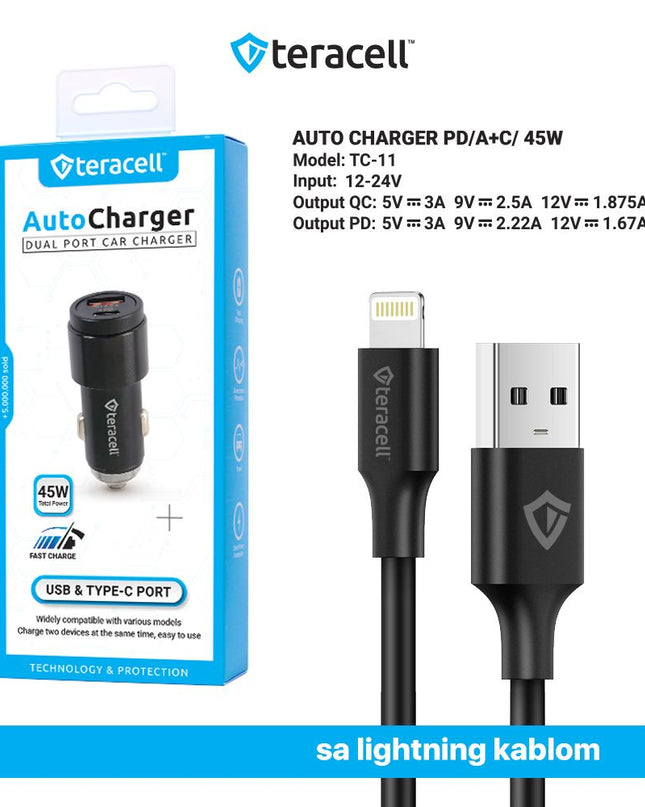 Auto punjac Teracell Evolution TC-11 PD 22.5W + USB QC3.0 20W, 45W (total) sa Lightning kablom crni