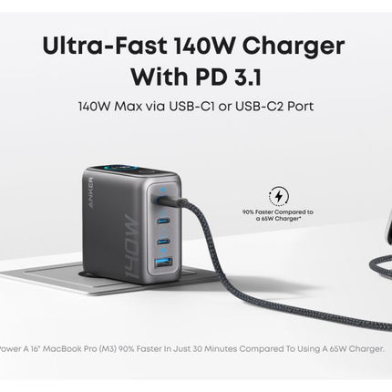 ANKER 140W GaN zidni brzi punjač, 4-porta (3x USB-C, 1x USB-A) sa USB-C M/M pletenim kablom, siva