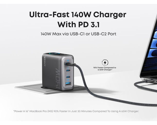 ANKER 140W GaN zidni brzi punjač, 4-porta (3x USB-C, 1x USB-A) sa USB-C M/M pletenim kablom, siva