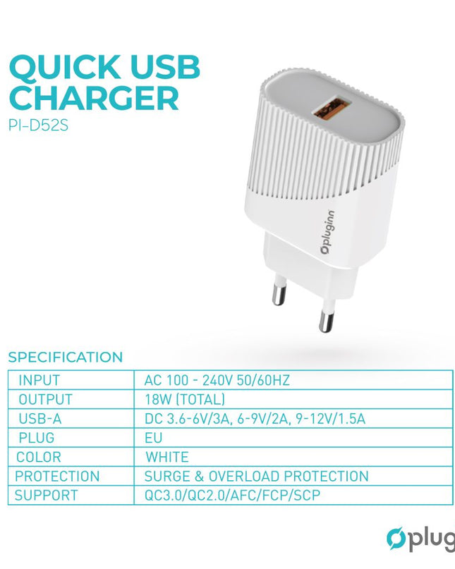 Kucni punjac Pluginn PI-D52S, QC3.0 18W sa micro USB kablom beli CE