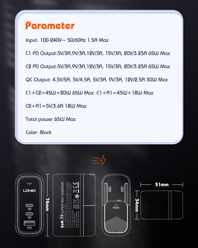 Kucni punjac sa adapterima LDNIO Q366 GaN QC3.0, 2xPD3.0 PPS 65W sa Type C na Type C kablom crni