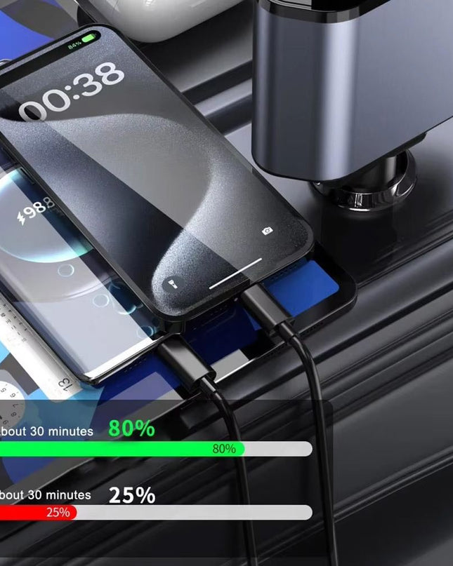Auto punjac C1 4u1 PD 3A, USB 2.4A 120W (total) sa Type C/lightning kablom tamno sivi