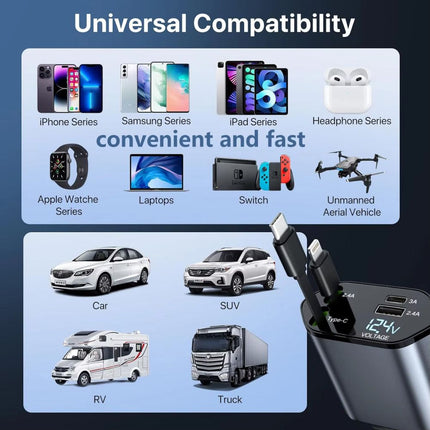 Auto punjac C1 4u1 PD 3A, USB 2.4A 120W (total) sa Type C/lightning kablom tamno sivi