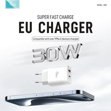 Kucni punjac KONFULON JK87, QC 20W, PD 30W, sa iPhone lightning kablom beli