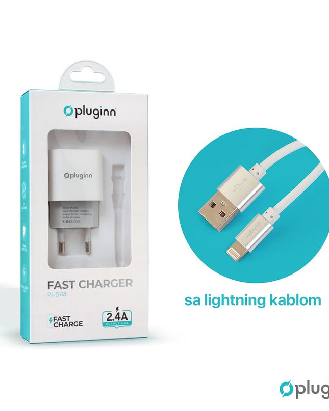 Kucni punjac Pluginn PI-D48, 5V, 2.4A, 12W sa lightning kablom beli CE
