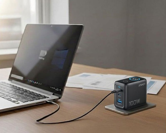 ANKER 100W GaN zidni brzi punjač, 3-porta (2x USB-C i 1x USB-A) sa USB-C M/M pletenim kablom, siva