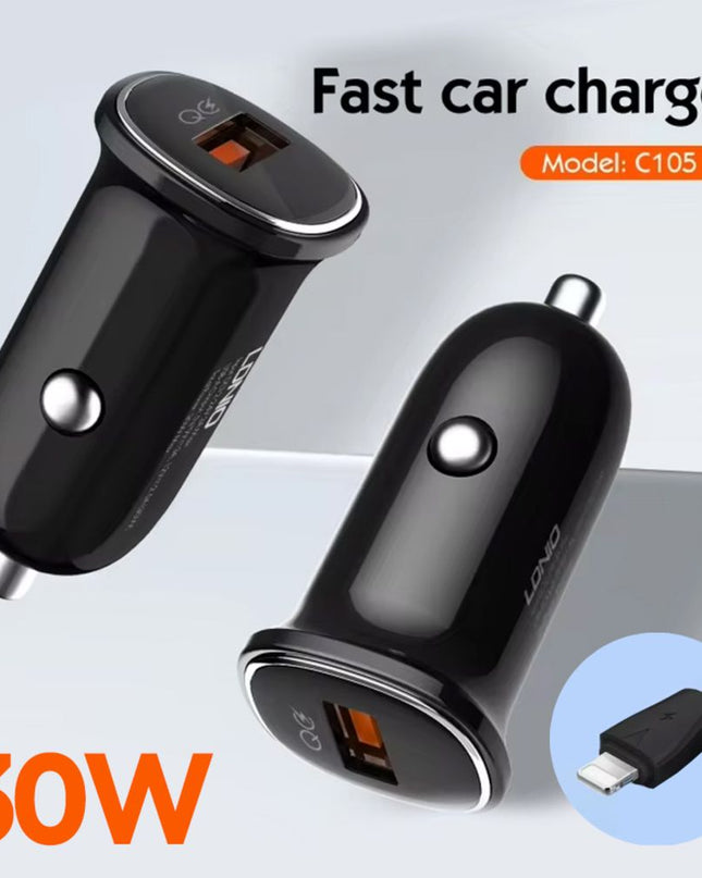 Auto punjac LDNIO C105, QC3.0, 30W USB Lightning crni