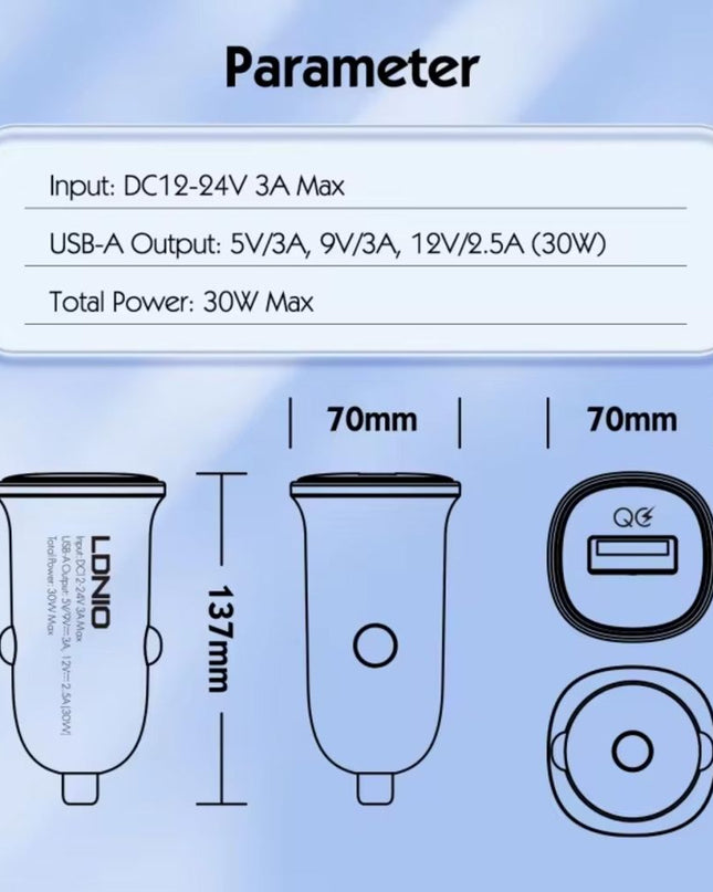 Auto punjac LDNIO C105, QC3.0, 30W USB Lightning crni