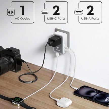 ANKER Nano 20W putni zidni punjač 5-portova (2x USB-A, 2x USB-C, utičnica EU na US, UK, AU i EU), bela