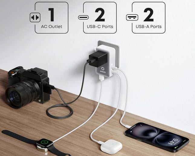 ANKER Nano 20W putni zidni punjač 5-portova (2x USB-A, 2x USB-C, utičnica EU na US, UK, AU i EU), bela